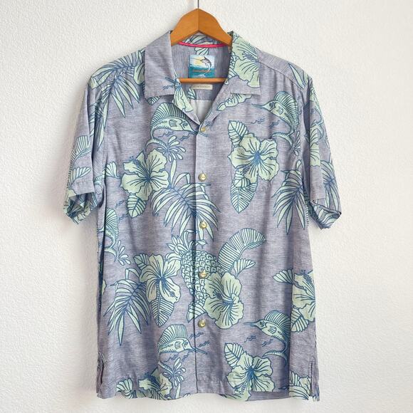 Tommy Bahama Men 100% Silk Shirt Medium Gray Blue Floral Marlin Print Hawaiian - Picture 1 of 10